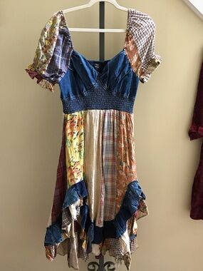 YOUNG THREADS Dress Plaid Boho Style Elastic Bust Line Size medium